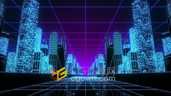 3D网格发光霓虹灯数码城市建筑背景循环视频素材下载