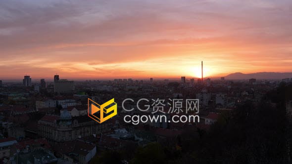 延时拍摄克罗地亚首都萨格勒布日落时城市黄昏美景4K视频素材