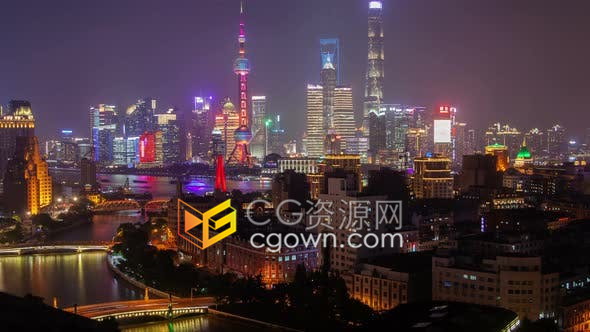 上海吴淞江城市景观空中天际线全景延时缩小夜景实拍4K视频素材