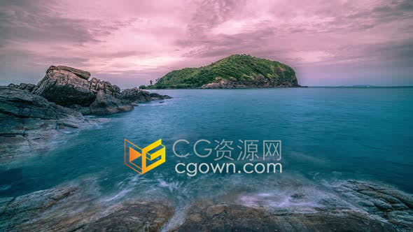 延时4K实拍素材日落时分帕岸岛柔和而缓慢的波浪拍打岩石海景