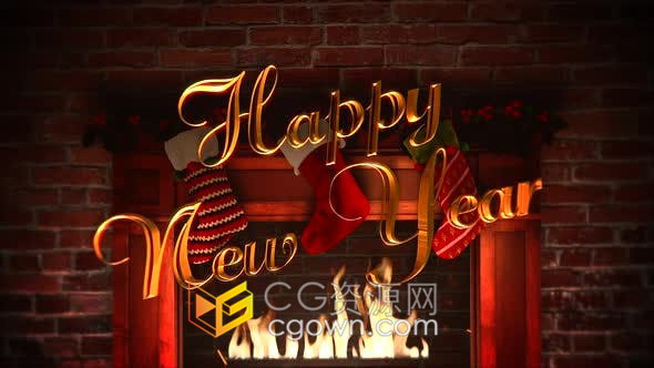 视频素材-悬挂圣诞袜的红砖壁炉背景展示节日祝福标语电子贺卡