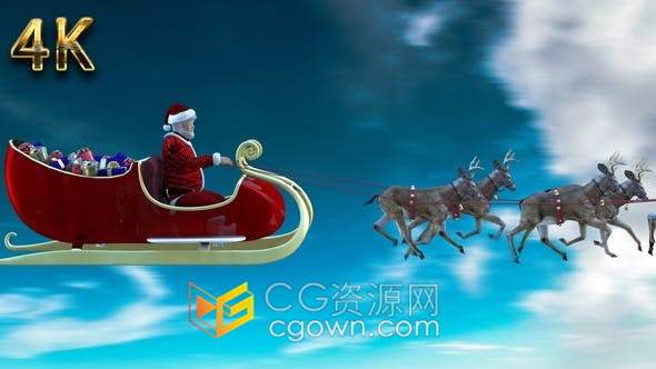 下雪平安夜逼真圣诞老人和奔跑的驯鹿三维场景动画带通道循环视频素材
