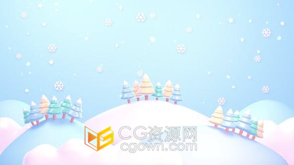 视频素材-循环3d动画冬季山脉景观圣诞树雪花飘落效果动画