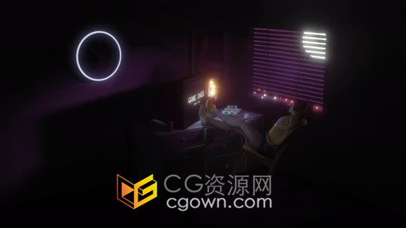 视频素材-百叶窗上城市灯光闪烁室内游戏女玩家角色对面电脑3D场景