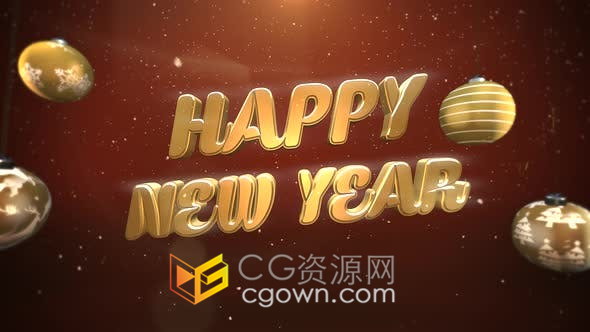 视频素材-复古背景白色雪花金球装饰新年快乐贺卡