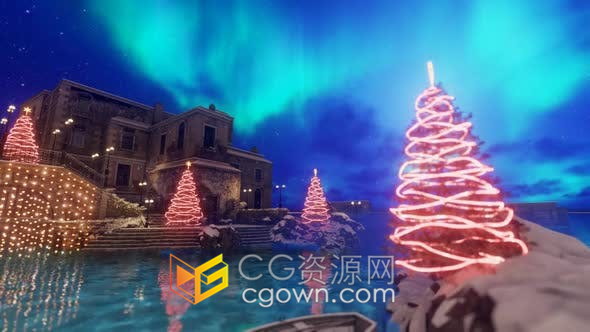 视频素材-极光动画效果圣诞夜灯光点亮童话般美丽城堡建筑