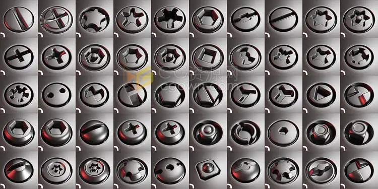 Blender插件Screw Plugs For Meshmachine 50种螺纹钉头螺塞模型